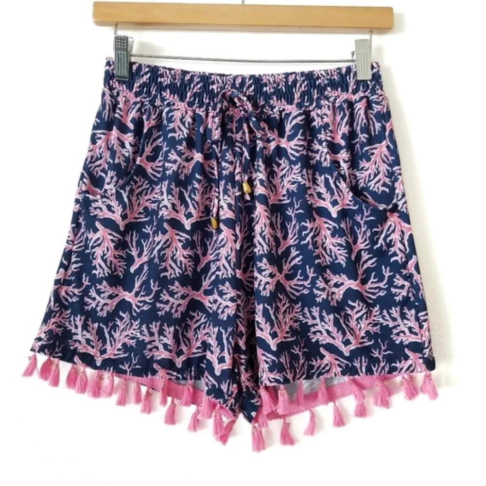 Simply Southern Navy and Pink Coral Lounge Shorts with Tassels - Picture 1 of 3